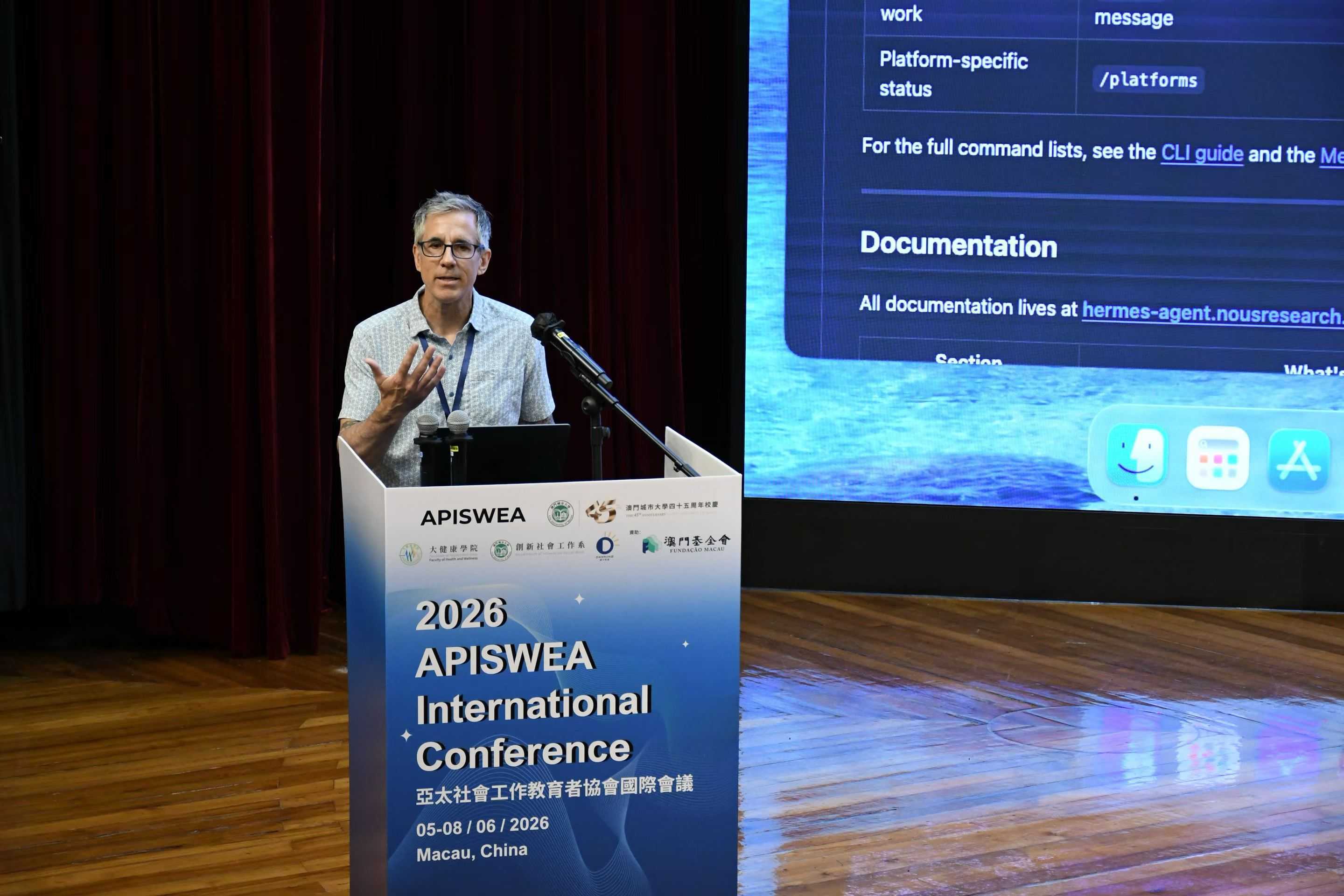 Brian Perron delivering the keynote at the 2026 APISWEA International Conference in Macau