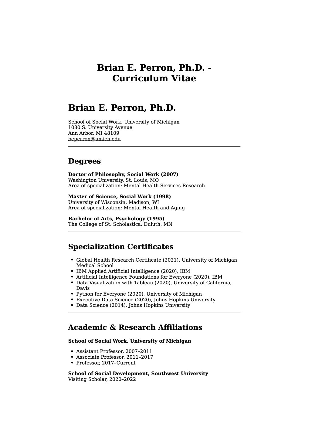 First page of Brian E. Perron's curriculum vitae