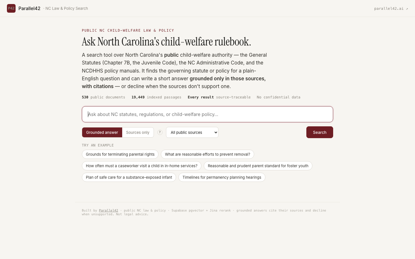 NC Law & Policy Search — plain-English search over North Carolina child-welfare statutes and policy