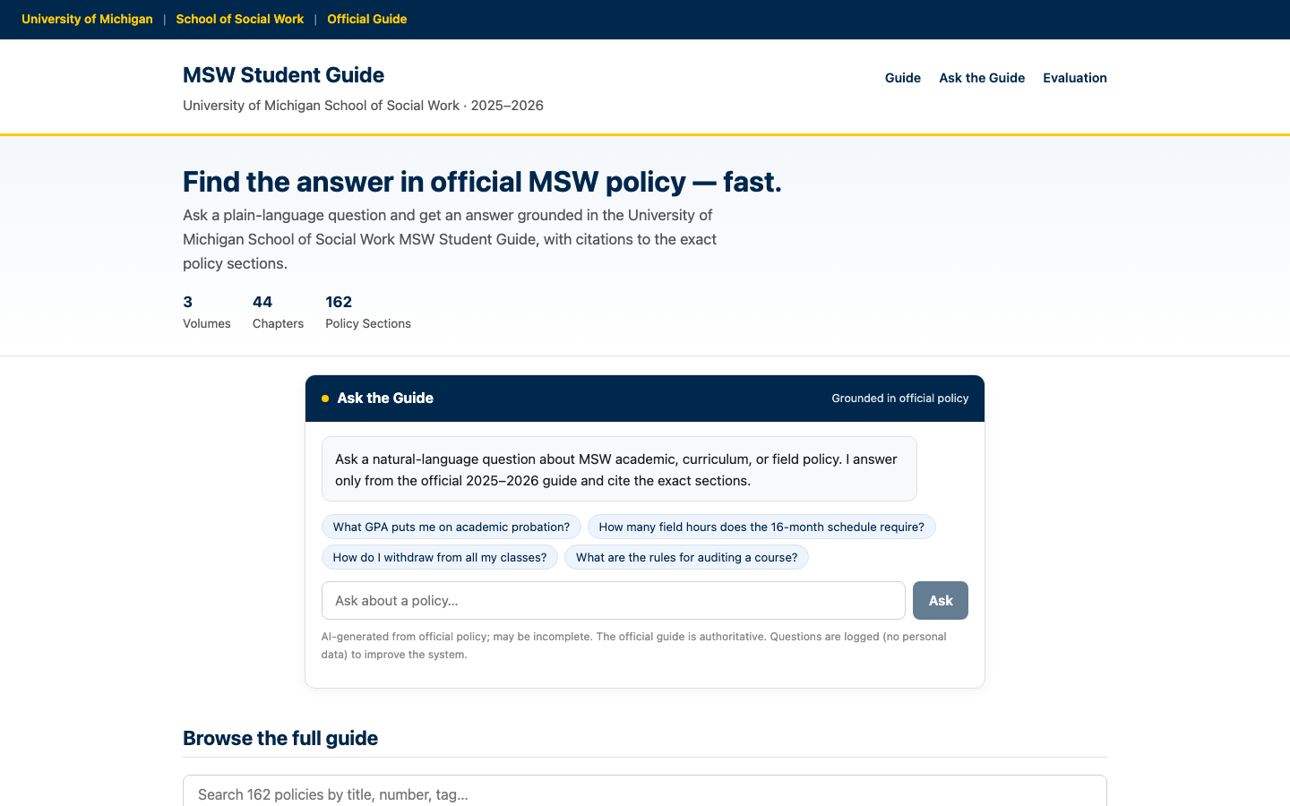 MSW Student Guide — ask a plain-language question, get an answer grounded in official policy with exact citations